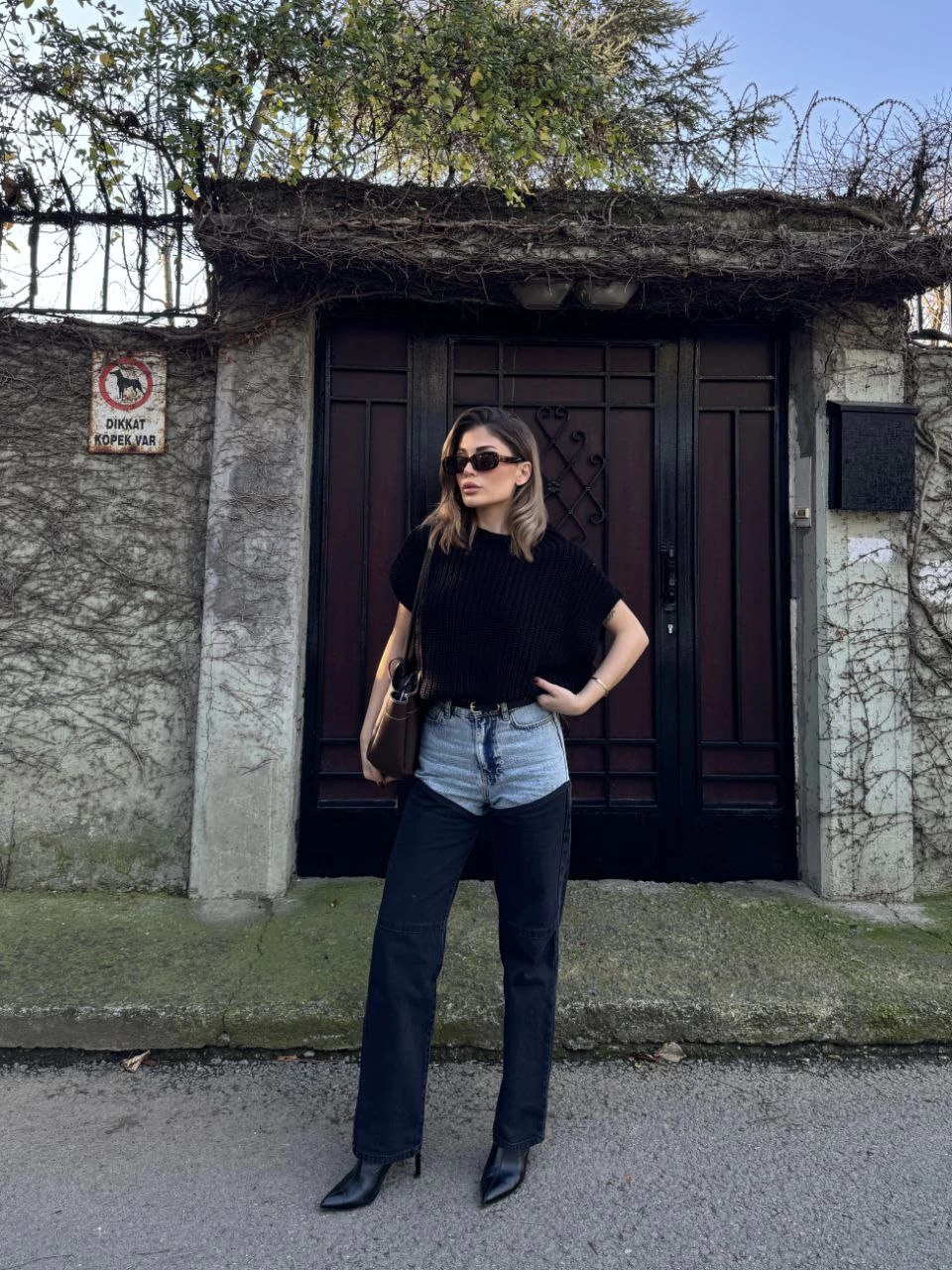 Kadın Jeans Kot Parçalı Palazzo Pantolon - Siyah