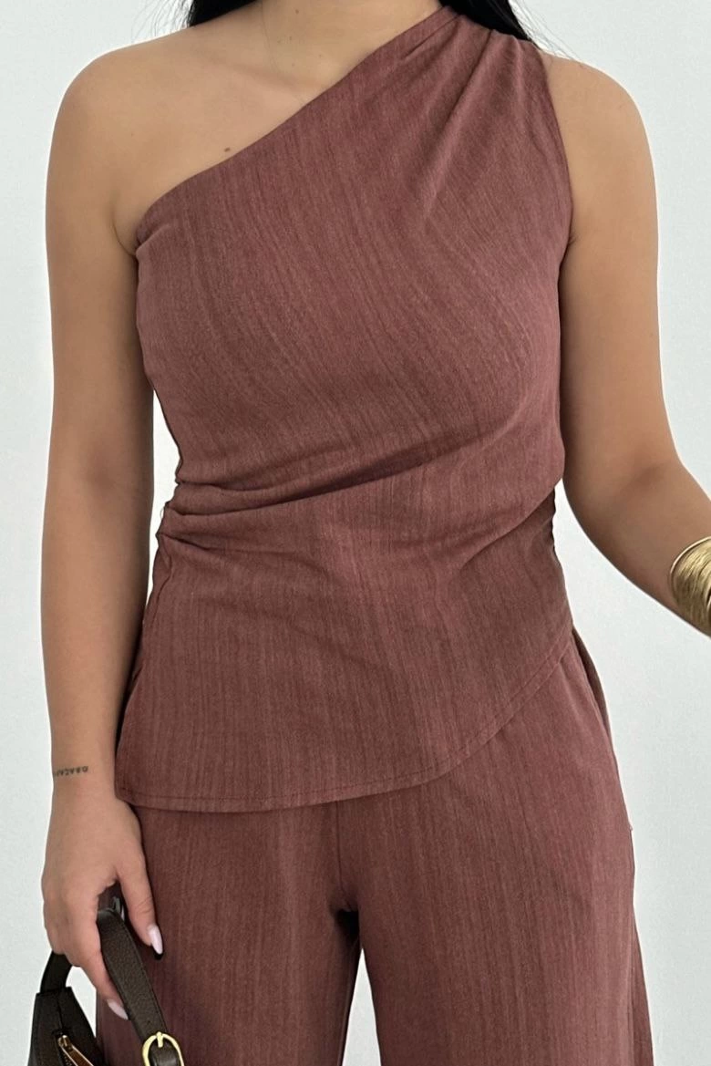 Kadın Keten Asimetrik Tek Omuzlu Bluz Pantalon Takım- Bordo