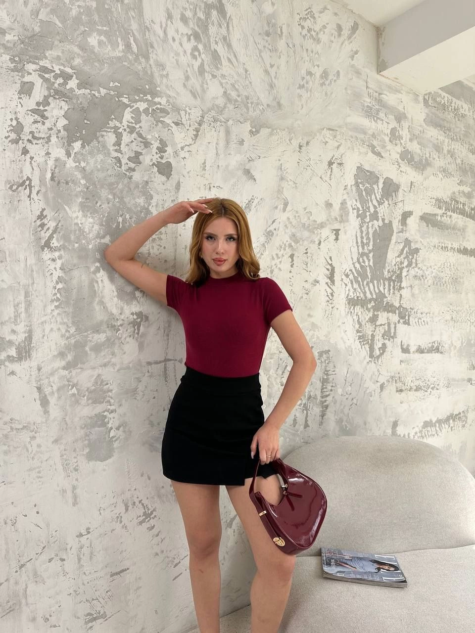 Kadın Kısa kol Badi bluz - Bordo