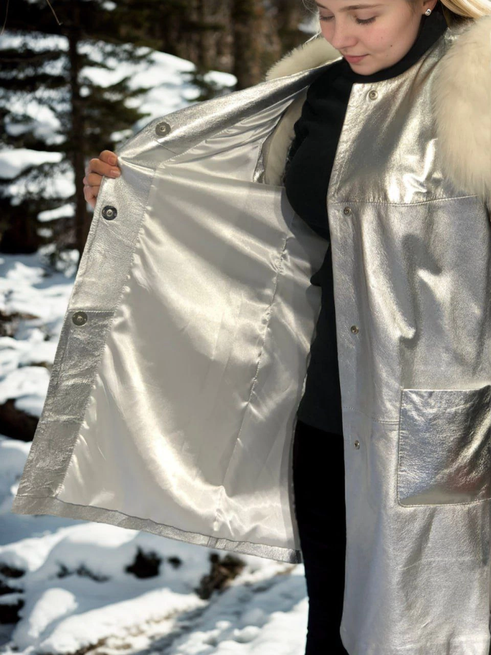 Kadın Kolsuz Hakiki Deri Kürk - Gri