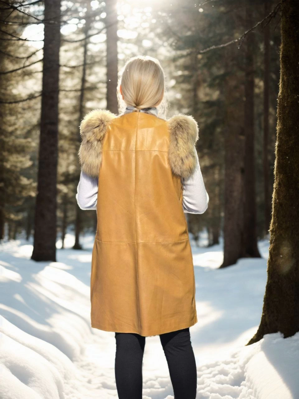 Kadın Kolsuz Hakiki Deri Kürk - Hardal