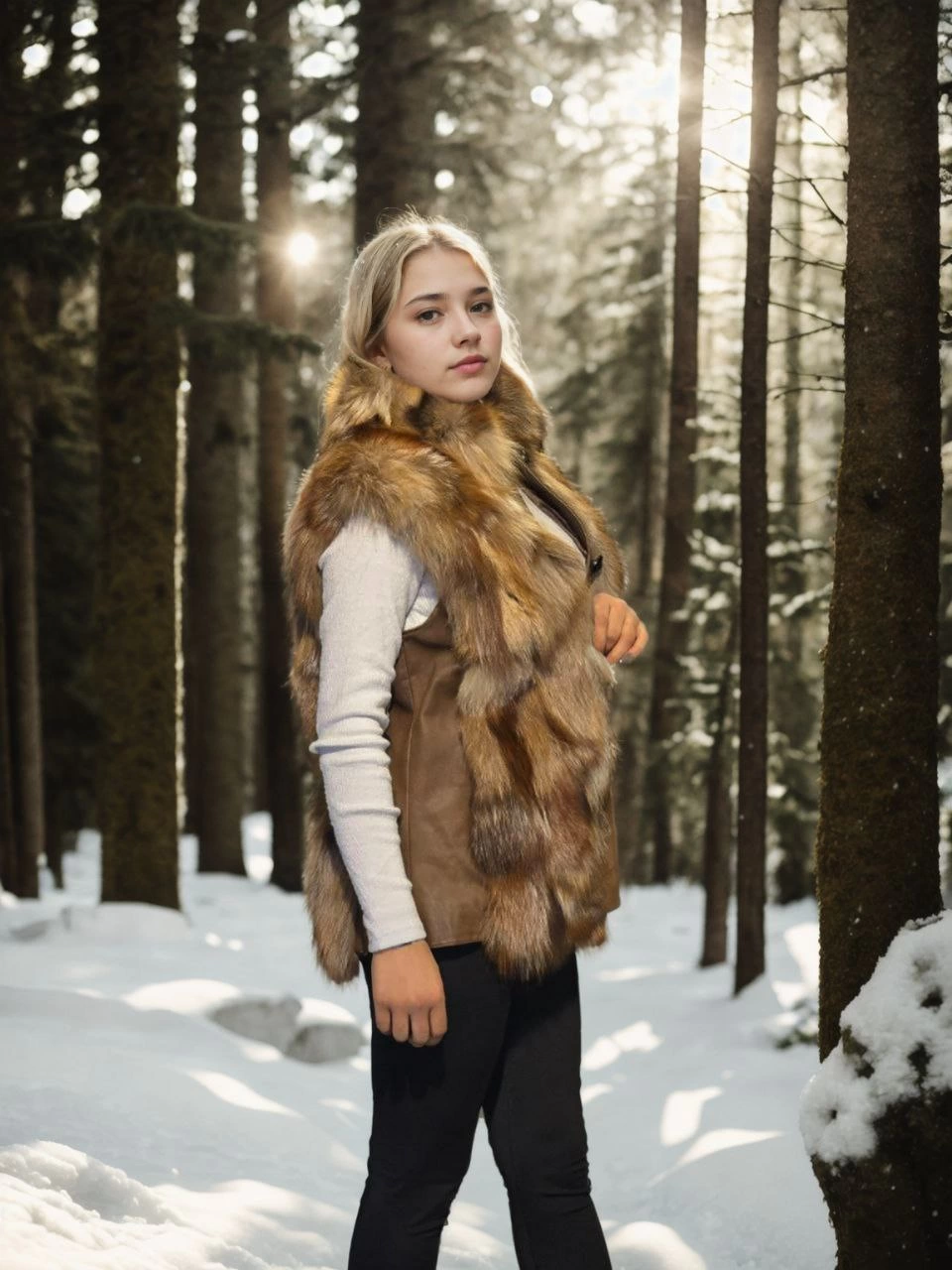 Kadın Kolsuz Hakiki Deri Kürk - Kahve