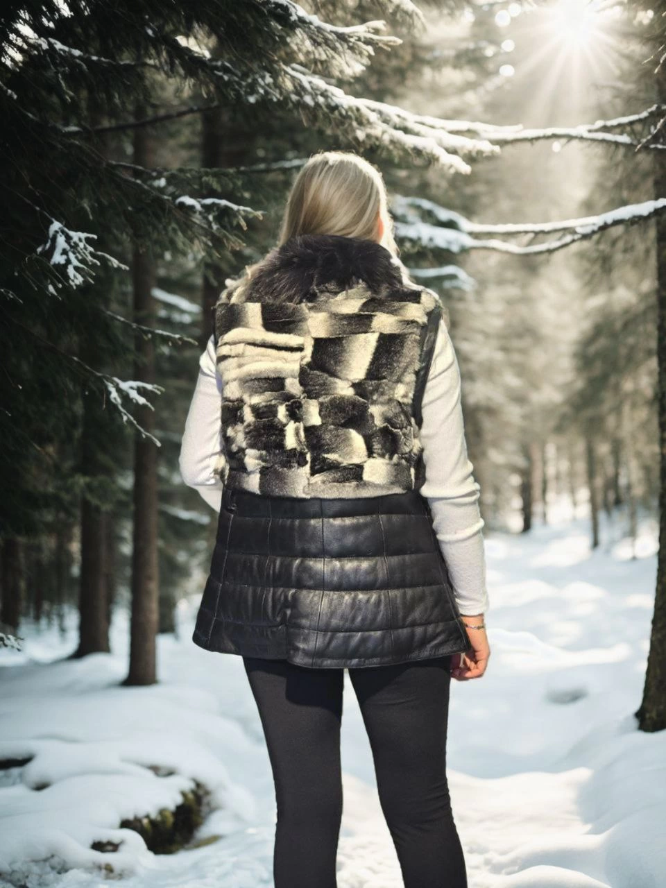 Kadın Kolsuz Hakiki Deri Kürk - Siyah