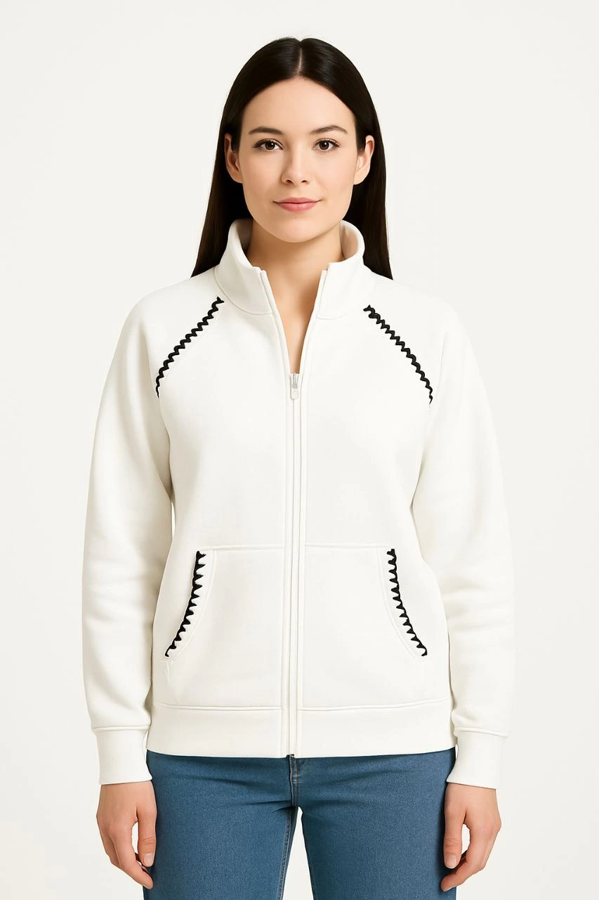 Kadın Oversize Dik Yaka Fermuarlı Sweatshirt - Zincir Nakışli Kanguru Cepli, - Beyaz