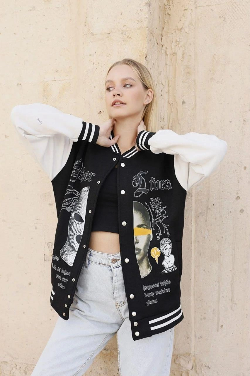 Kadın Oversize Kolej Tarzı Sweatshirt – 3 İplik İçi Pamuklu, Baskılı, Rahat Günlük Ceket - Siyah