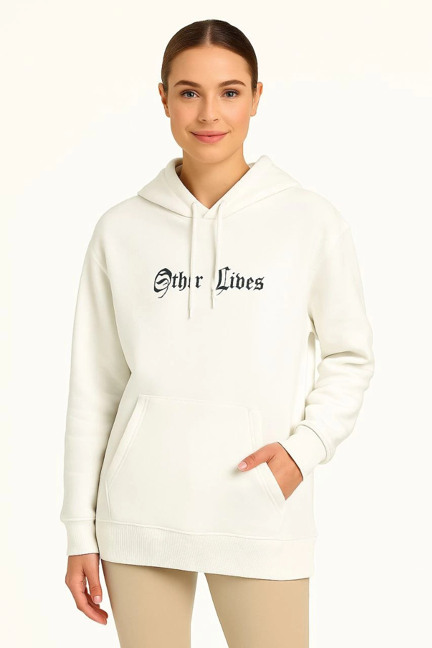 Kadın Kapşonlu Sweatshirt – Oversize Üç İplik Şardonlu Hoodie, “Other Lives” Ön & Arka Baskılı, Kanguru Cepli, Kışlık Rahat Günlük Stil - Beyaz
