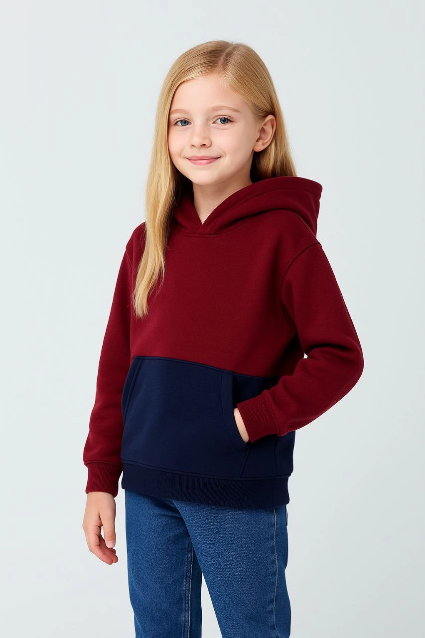 Kız Çocuk Kapüşonlu Kanguru Çepli Parçalı SweatShirt - Renkli