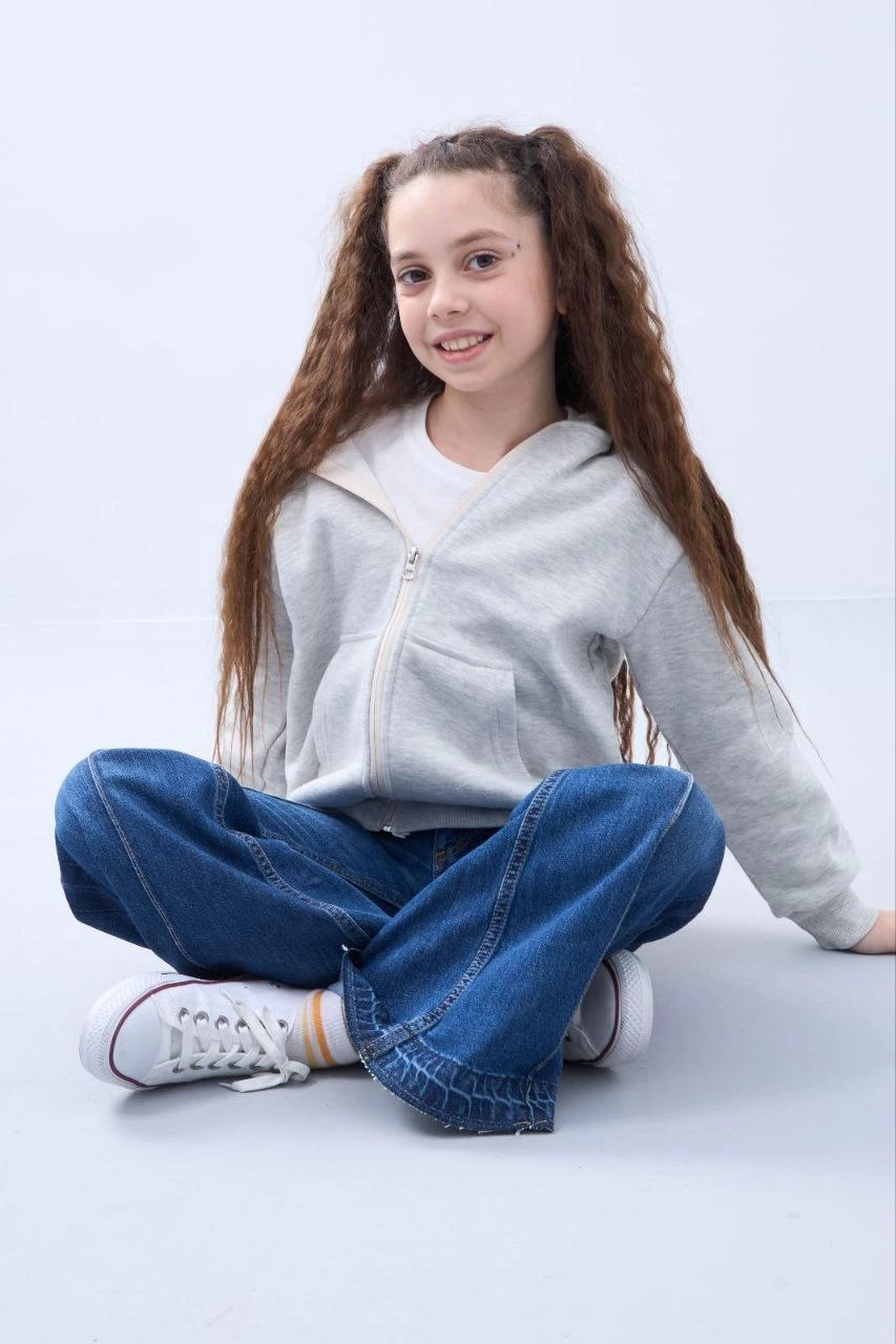 Kız Çocuk Kapüşonlu Kanguru Çepli Tam Fermuarlı Hırka SweatShirt - Gri