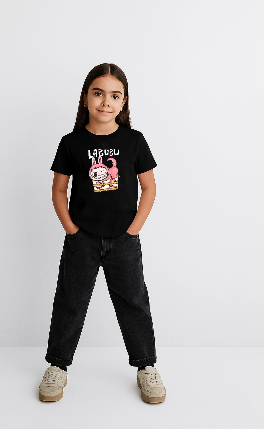 Kız Labubu Çocuk Baskılı T-Shirt - Siyah