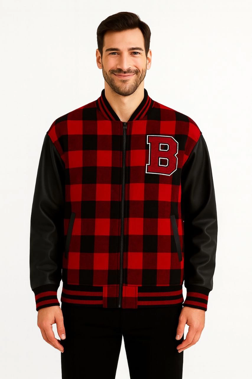 Erkek Kolej Ceket – Kareli Oduncu Kumaş, Kolları Suni Deri, Fermuarlı, İçi Kapitone Astarlı, Nakışlı Oversize Bahar & Kış Stil - Bordo