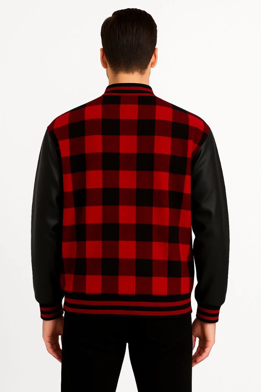 Erkek Kolej Ceket – Kareli Oduncu Kumaş, Kolları Suni Deri, Fermuarlı, İçi Kapitone Astarlı, Nakışlı Oversize Bahar & Kış Stil - Bordo