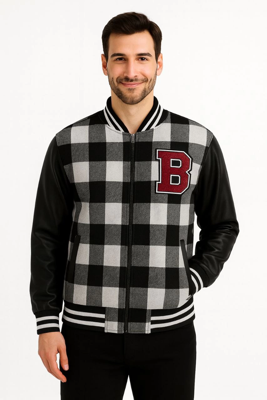 Erkek Kolej Ceket – Kareli Oduncu Kumaş, Kolları Suni Deri, Fermuarlı, İçi Kapitone Astarlı, Nakışlı Oversize Bahar & Kış Stil - Gri