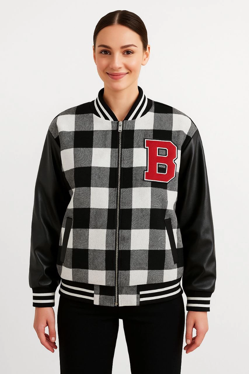 Kadın Kolej Ceket – Kareli Oduncu Kumaş, Kolları Suni Deri, Fermuarlı, İçi Kapitone Astarlı, Nakışlı Oversize Bahar & Kış Stil - Gri