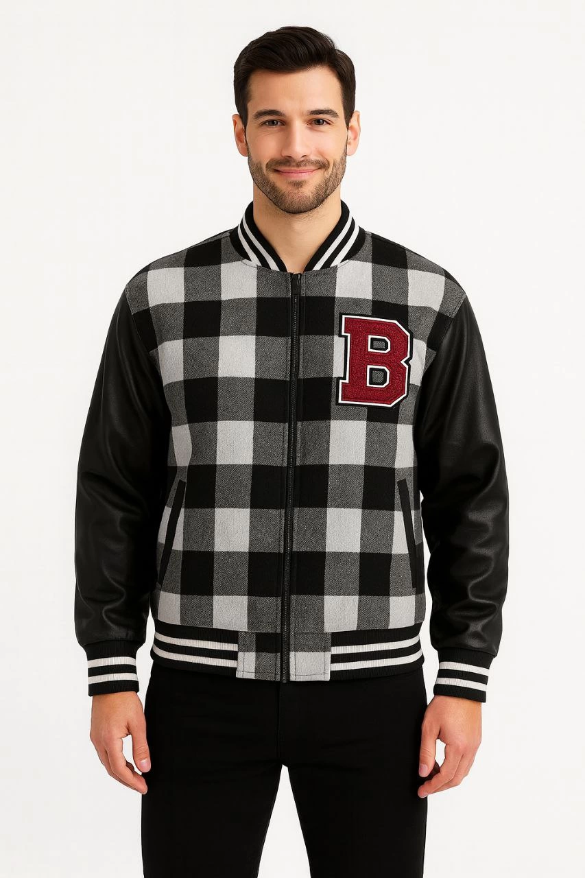 Erkek Kolej Ceket – Kareli Oduncu Kumaş, Kolları Suni Deri, Fermuarlı, İçi Kapitone Astarlı, Nakışlı Oversize Bahar & Kış Stil - Gri