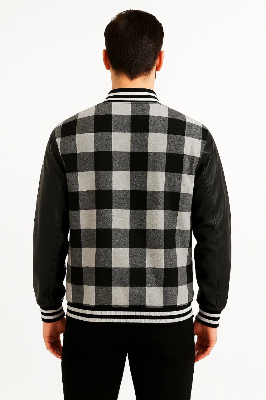 Erkek Kolej Ceket – Kareli Oduncu Kumaş, Kolları Suni Deri, Fermuarlı, İçi Kapitone Astarlı, Nakışlı Oversize Bahar & Kış Stil - Gri