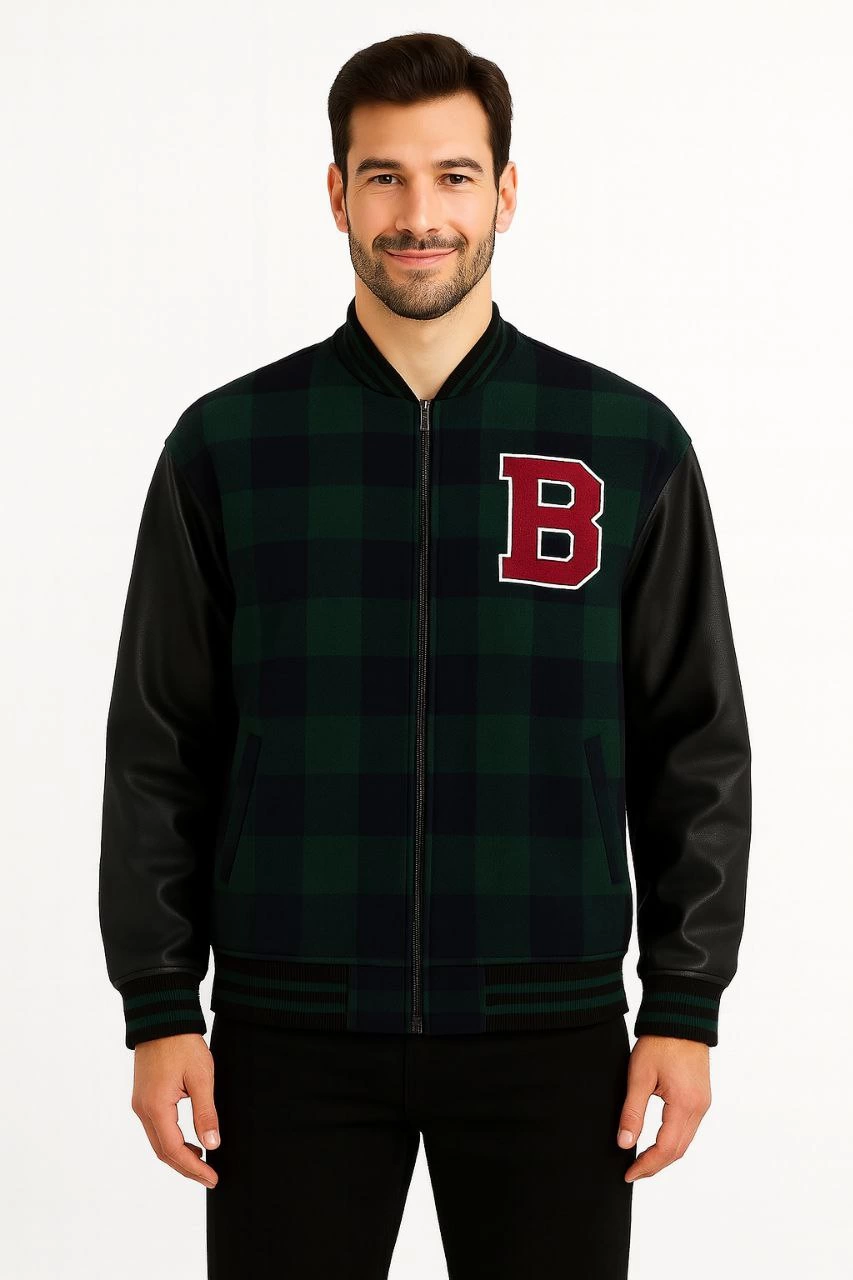 Erkek Kolej Ceket – Kareli Oduncu Kumaş, Kolları Suni Deri, Fermuarlı, İçi Kapitone Astarlı, Nakışlı Oversize Bahar & Kış Stil - Haki