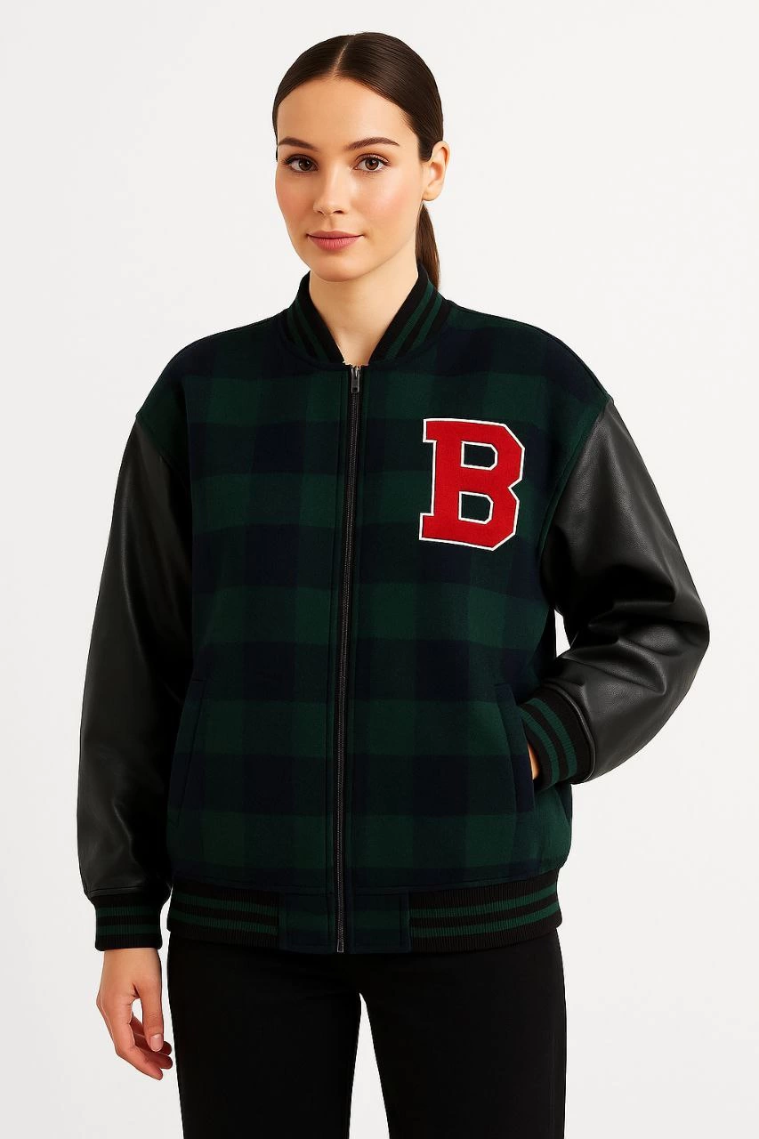 Kadın Kolej Ceket – Kareli Oduncu Kumaş, Kolları Suni Deri, Fermuarlı, İçi Kapitone Astarlı, Nakışlı Oversize Bahar & Kış Stil - Haki