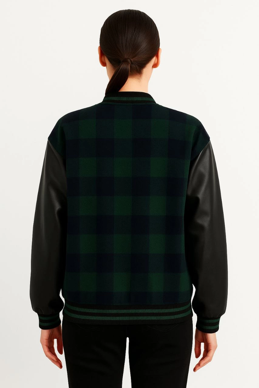 Kadın Kolej Ceket – Kareli Oduncu Kumaş, Kolları Suni Deri, Fermuarlı, İçi Kapitone Astarlı, Nakışlı Oversize Bahar & Kış Stil - Haki