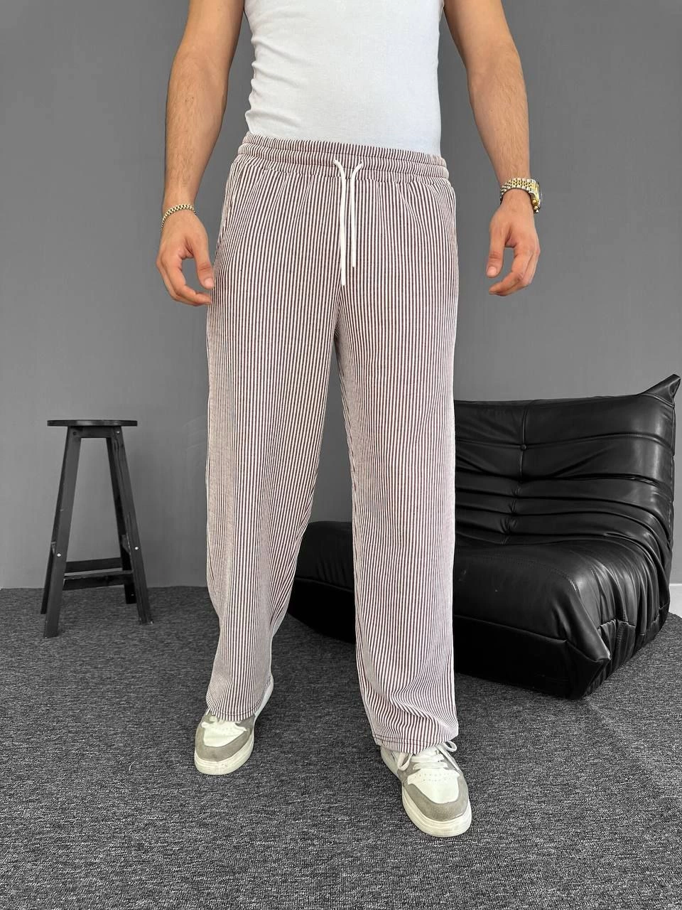 Su Yolu Çizgili Cepli Pantalon Yazlık - Kahverengi