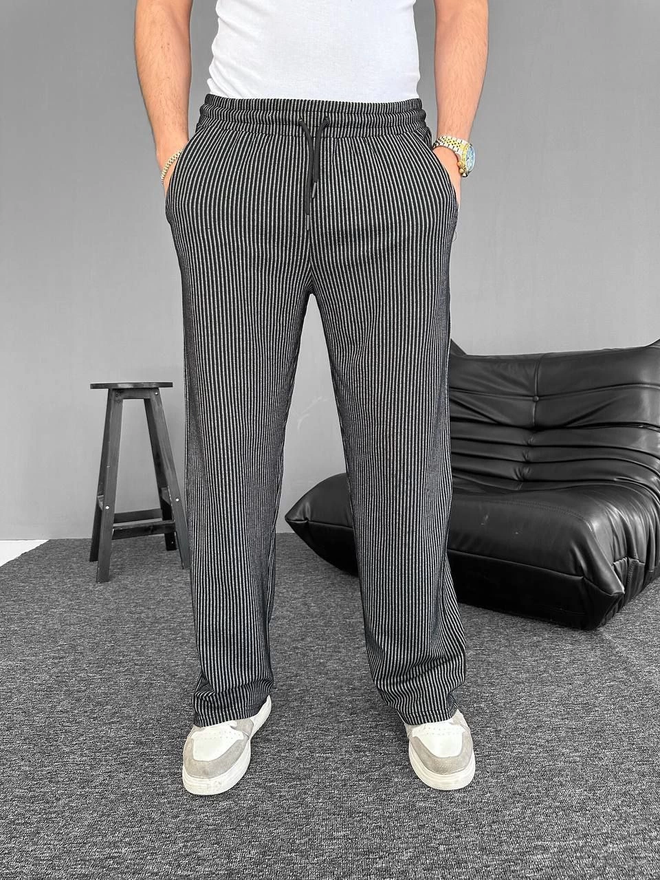 Su Yolu Çizgili Cepli Pantalon - Siyah