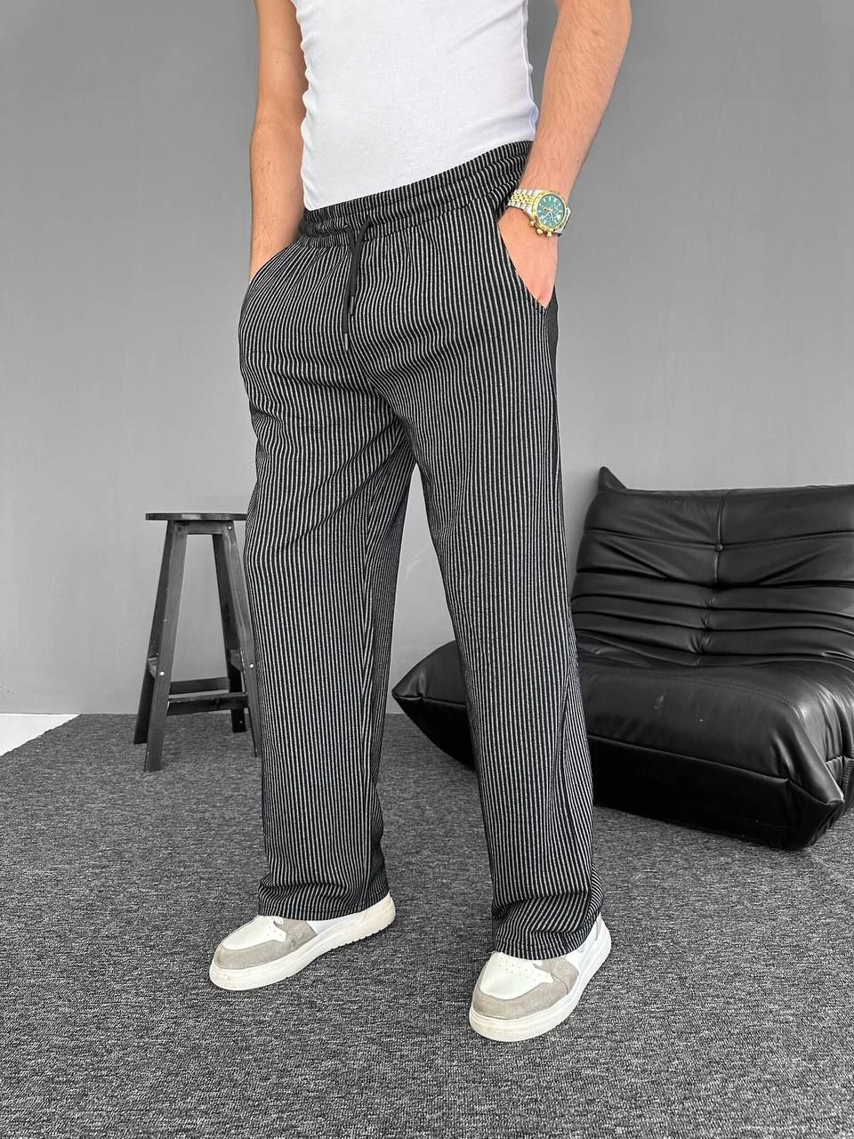 Su Yolu Çizgili Cepli Pantalon - Siyah