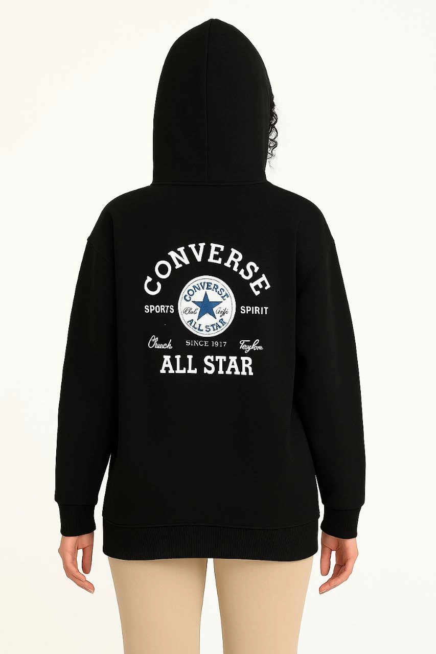 Kadın Kapşonlu Sweatshirt – Üç İplik Şardonlu Kumaş, Oversize Fit, Ön & Arka Baskılı, Kanguru Cepli, Kışlık Rahat Hoodie- Siyah