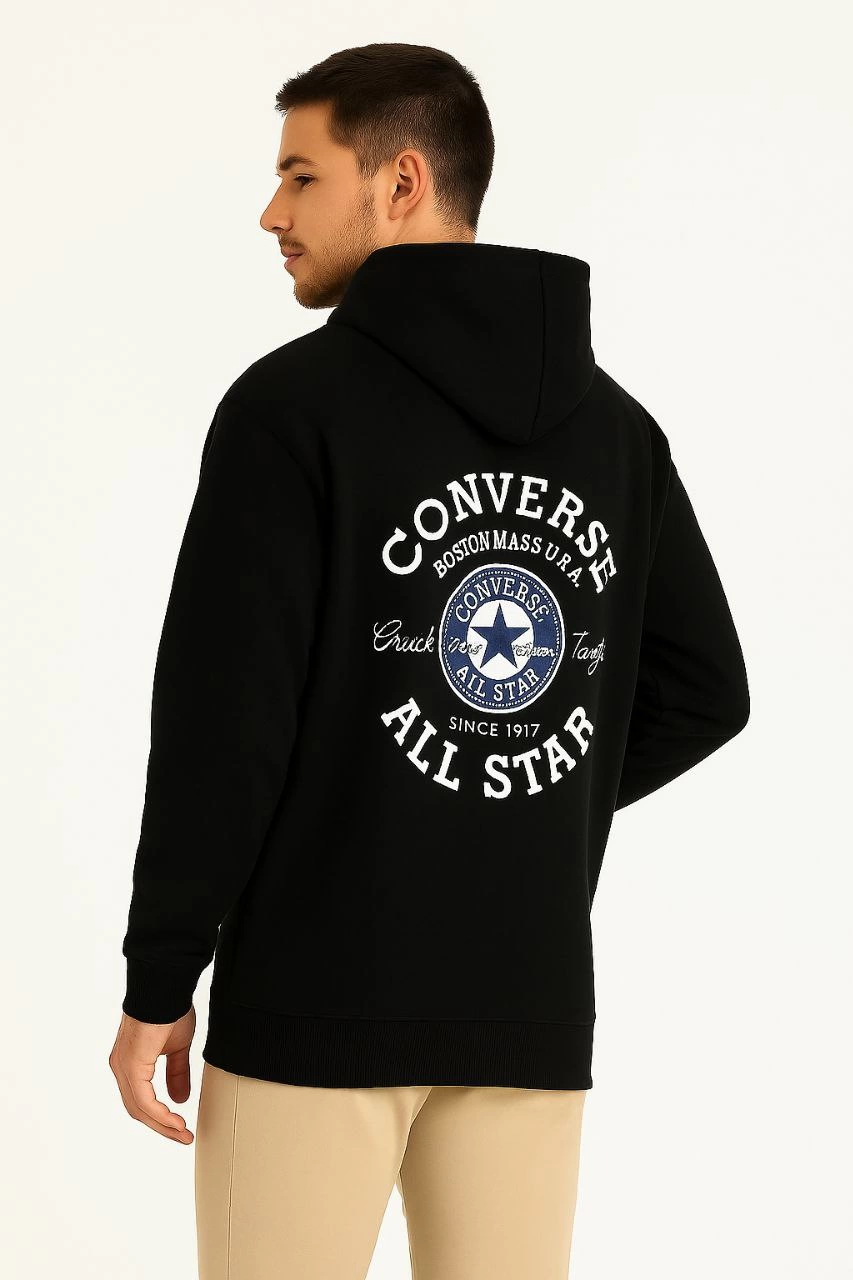 Erkek Kapşonlu Sweatshirt – Üç İplik Şardonlu Kumaş, Oversize Fit, Ön & Arka Baskılı, Kanguru Cepli, Kışlık Rahat Hoodie- Siyah