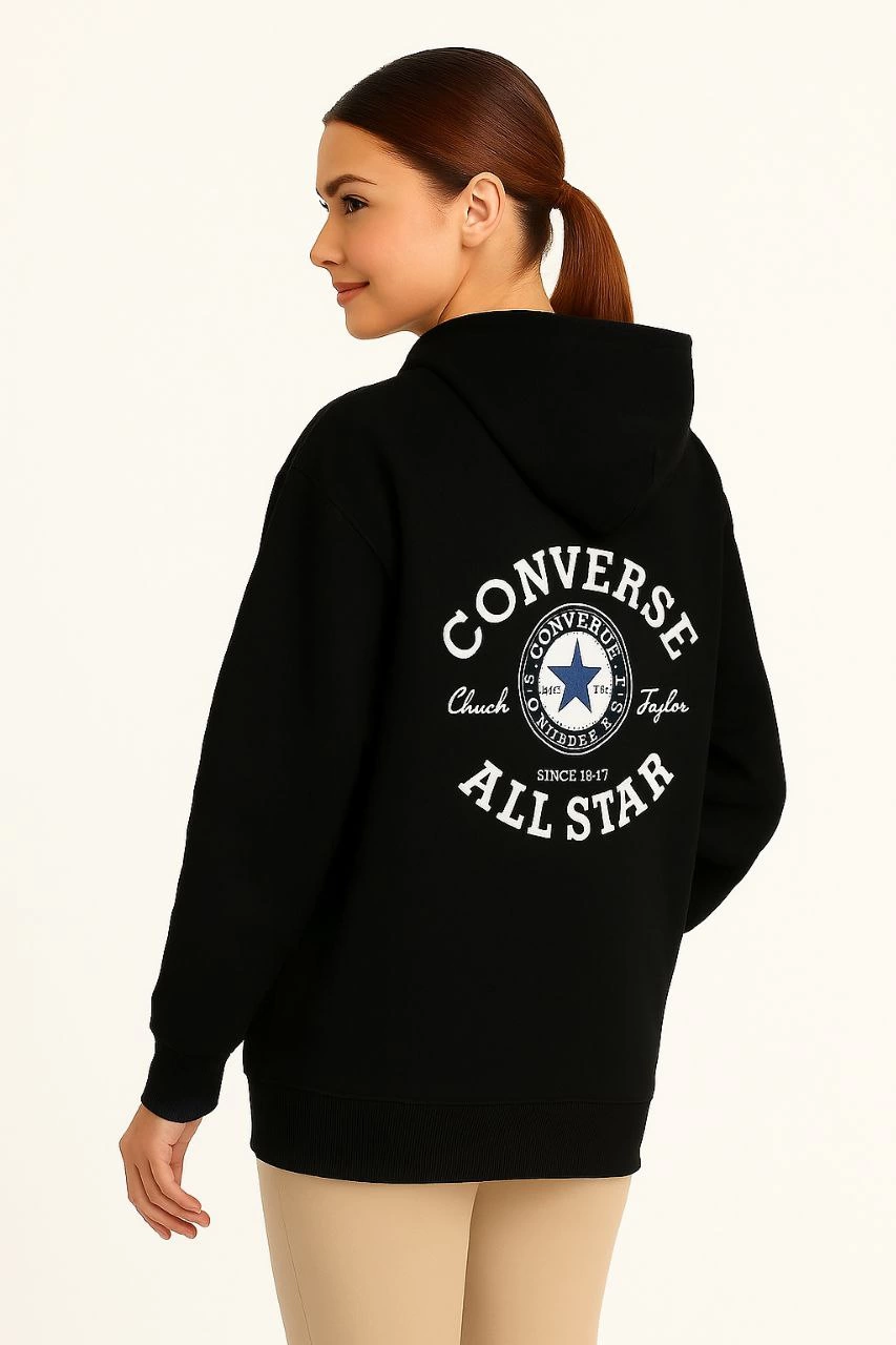 Kadın Kapşonlu Sweatshirt – Üç İplik Şardonlu Kumaş, Oversize Fit, Ön & Arka Baskılı, Kanguru Cepli, Kışlık Rahat Hoodie- Siyah