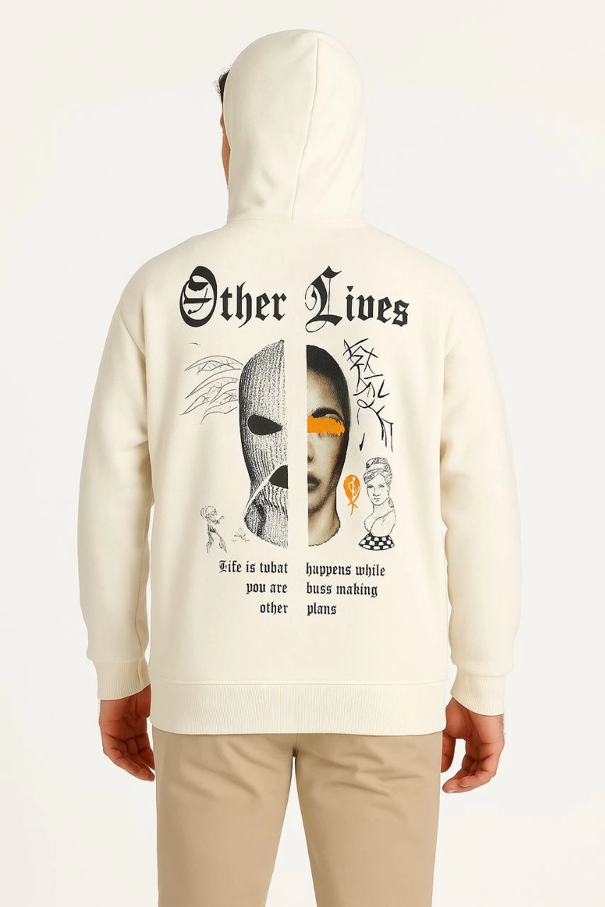 Erkek Kapşonlu Sweatshirt – Oversize Üç İplik Şardonlu Hoodie, “Other Lives” Ön & Arka Baskılı, Kanguru Cepli, Kışlık Rahat Günlük Stil - Beyaz
