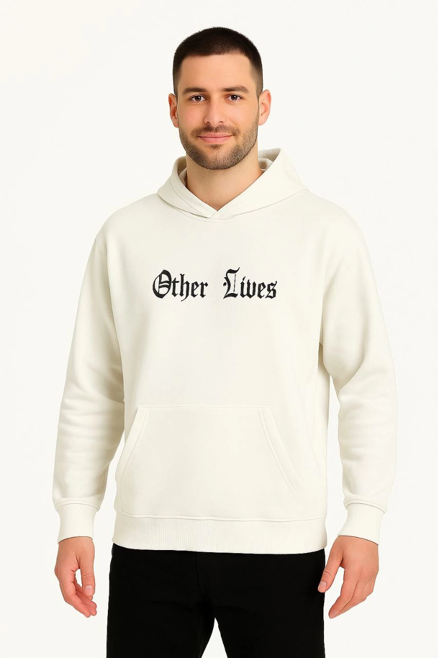 Erkek Kapşonlu Sweatshirt – Oversize Üç İplik Şardonlu Hoodie, “Other Lives” Ön & Arka Baskılı, Kanguru Cepli, Kışlık Rahat Günlük Stil - Beyaz