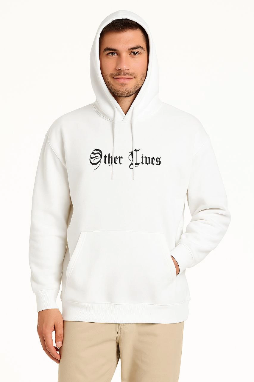 Erkek Kapşonlu Sweatshirt – Oversize Üç İplik Şardonlu Hoodie, “Other Lives” Ön & Arka Baskılı, Kanguru Cepli, Kışlık Rahat Günlük Stil - Beyaz