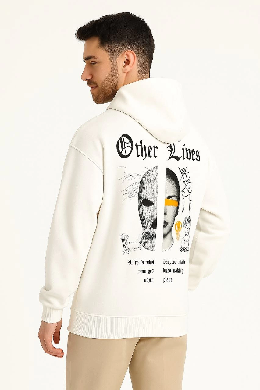 Erkek Kapşonlu Sweatshirt – Oversize Üç İplik Şardonlu Hoodie, “Other Lives” Ön & Arka Baskılı, Kanguru Cepli, Kışlık Rahat Günlük Stil - Beyaz