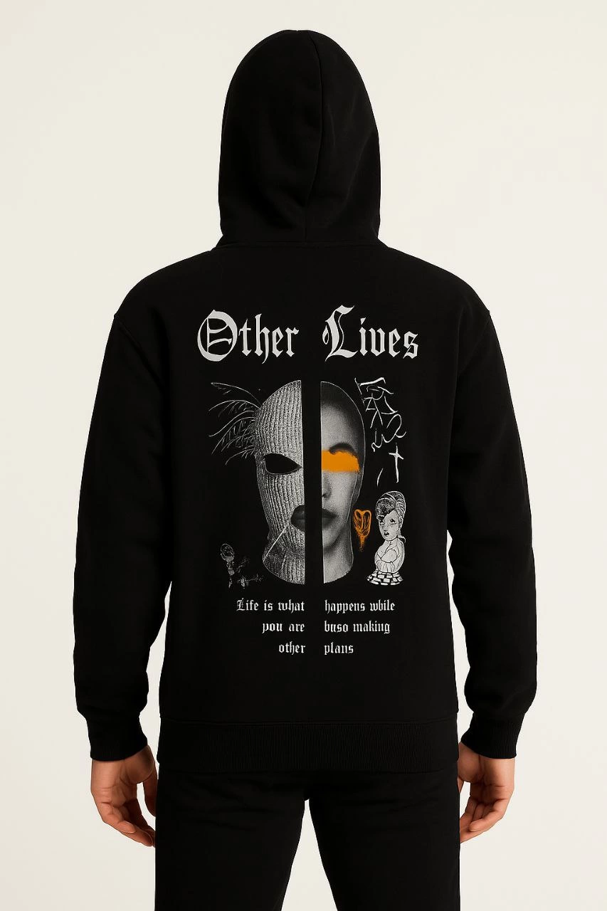 Erkek Kapşonlu Sweatshirt – Oversize Üç İplik Şardonlu Hoodie, “Other Lives” Ön & Arka Baskılı, Kanguru Cepli, Kışlık Rahat Günlük Stil - Siyah
