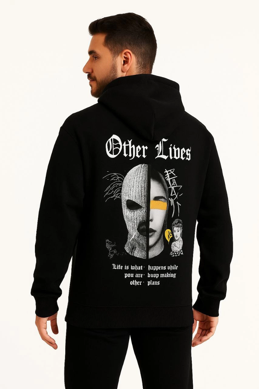 Erkek Kapşonlu Sweatshirt – Oversize Üç İplik Şardonlu Hoodie, “Other Lives” Ön & Arka Baskılı, Kanguru Cepli, Kışlık Rahat Günlük Stil - Siyah