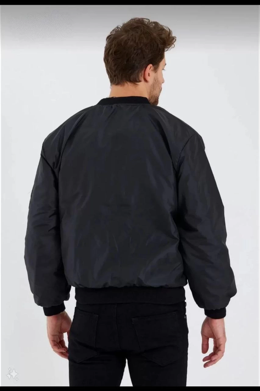 Erkek Siyah Bomber Mont – POLIZEI Yazılı, Fermuarlı Cepli, Kapitone Astarlı, Su İtici Kumaş Şık Günlük Ceket- Siyah